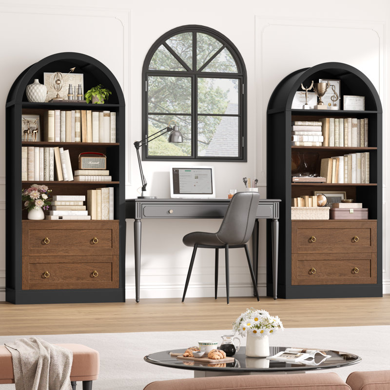 69.7"H Arched Bookcase With 2 Drawers, Black/Brown