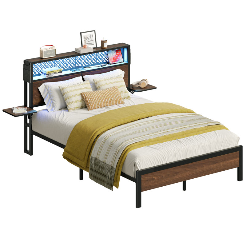 Full Size Walnut Metal Bed Frame with LED Storage Headboard