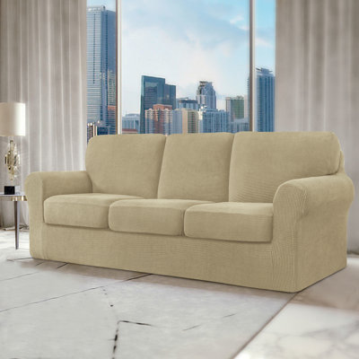 Non‑Slip Multiple Pieces Stretch Couch Covers,Soft Jacquard Washable Sofa Slipcovers, Universal Fit Furniture Protector for Daily Use with Pets & Kids (Sofa,Sand)