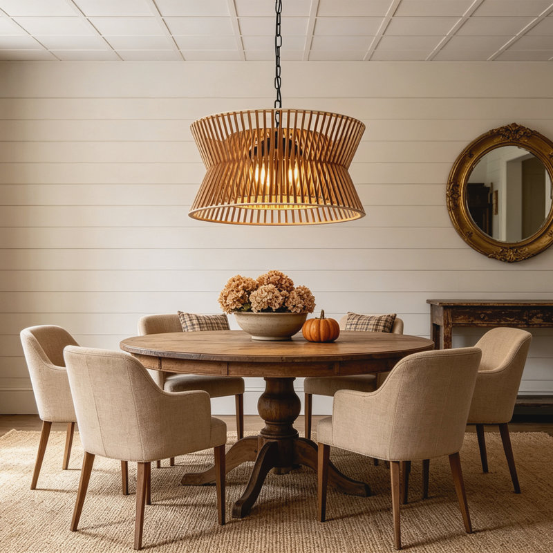 Arba 5-Light Dimmable Solid Wood Drum Chandelier, 24"W × 24"W, Coffee