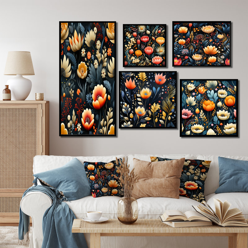 «Whimsical Bohemian Bliss Floral» - Ensemble de 5 décorations murales florales, Cadre flottant noir