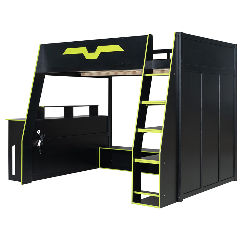 Lit mezzanine double en bois avec bureau, tablettes multiples, table réglable et lumière RVB, vert, Vert