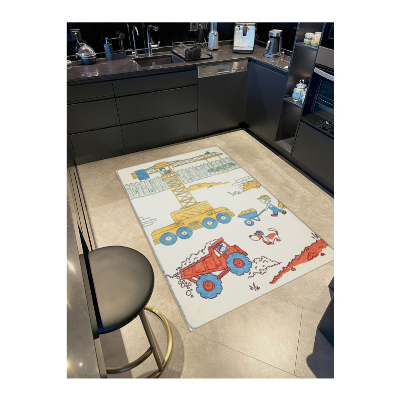 Crane Truck Detailed Kids Room Woven Base Modern Decorative Machine Washable Area Rug, Rectangle 5'1" x 7'7"