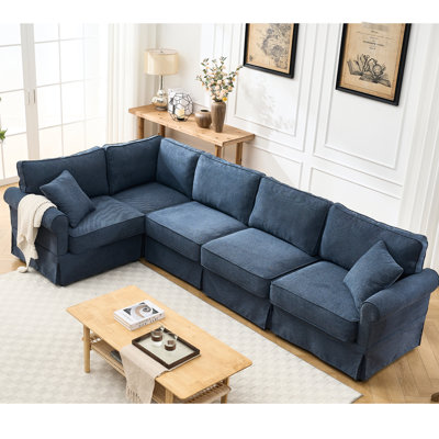 Canapé modulaire en L à 5 places avec revêtement bleu foncé et 5 coussins modulaires