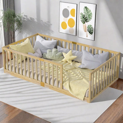 Twin Size Floor Bed with High Fence Railings, Rubber Wood Floor Bed with Safety Guardrails