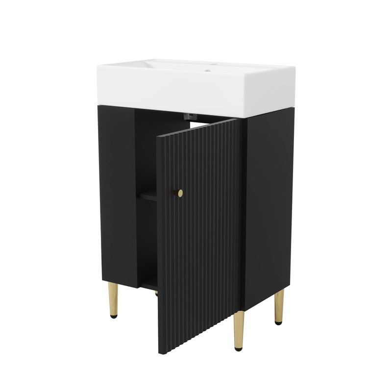 Ensemble de meuble-lavabo autoportant 21,6 po avec pieds en métal et rangement à gauche, Noir