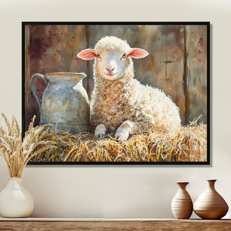Portrait d'un bébé mouton à la grange - Art mural pour le salon, H 34 po x l 44 po, Noir, noir, noir, noir