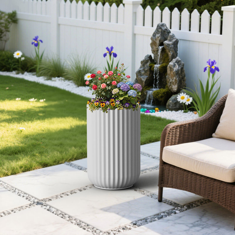 14 in. Large Pearl White(Upgraded Interior) Concrete Tall Round Planter / Pot Ribbed Design Plant Pot with Drainage Hole
