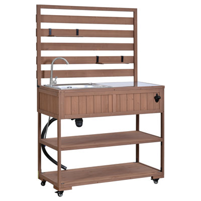 41.7" Rolling Potting Bench with Sink, Solid Wood Garden Work Table with Stainless Steel Top & 2 Shelves