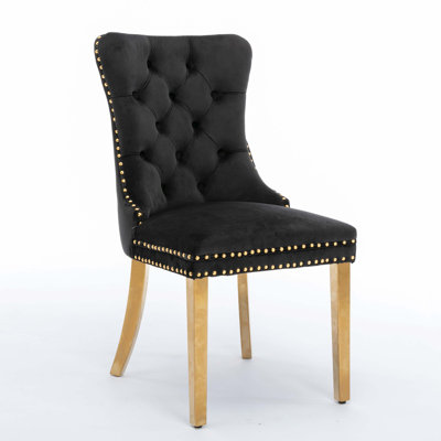 Furniture, chaise de salle à manger rembourrée en velours de bois massif avec pieds en bois et garniture cloutée haut de gamme