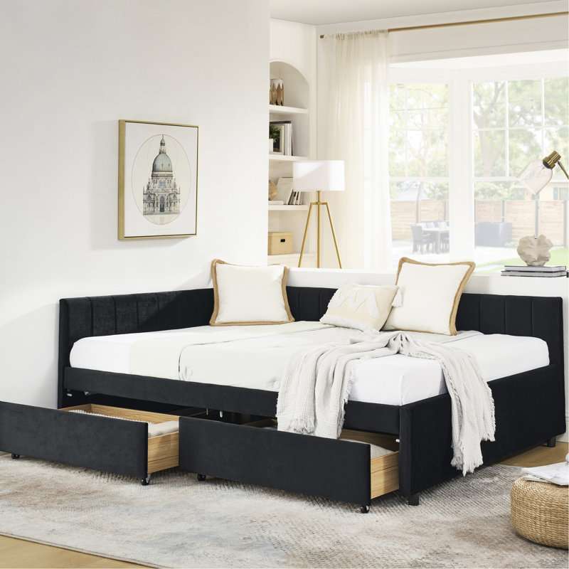 Pleine grandeur, velours, cadre de lit, design, deux tiroirs de rangement, corps de lit confortable et ajustable, lit de jour rembourré noir avec décoration de chambre à coucher et moderne pour une utilisation