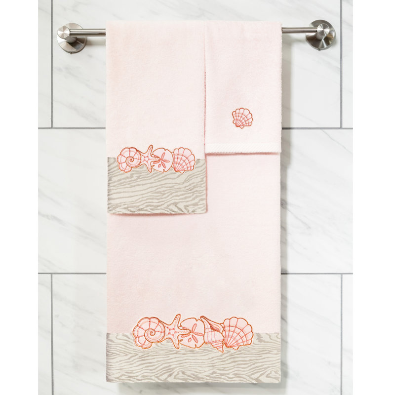 SHELL ROW 3PC Embellished Towel Set 3 Piece 100% Turkish Cotton Towel Set, Blush
