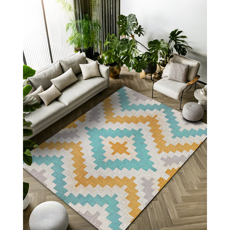 Kopasz Collection Digital Print Cotton-Polyester Colorful Moroccan Rug, Square 4'