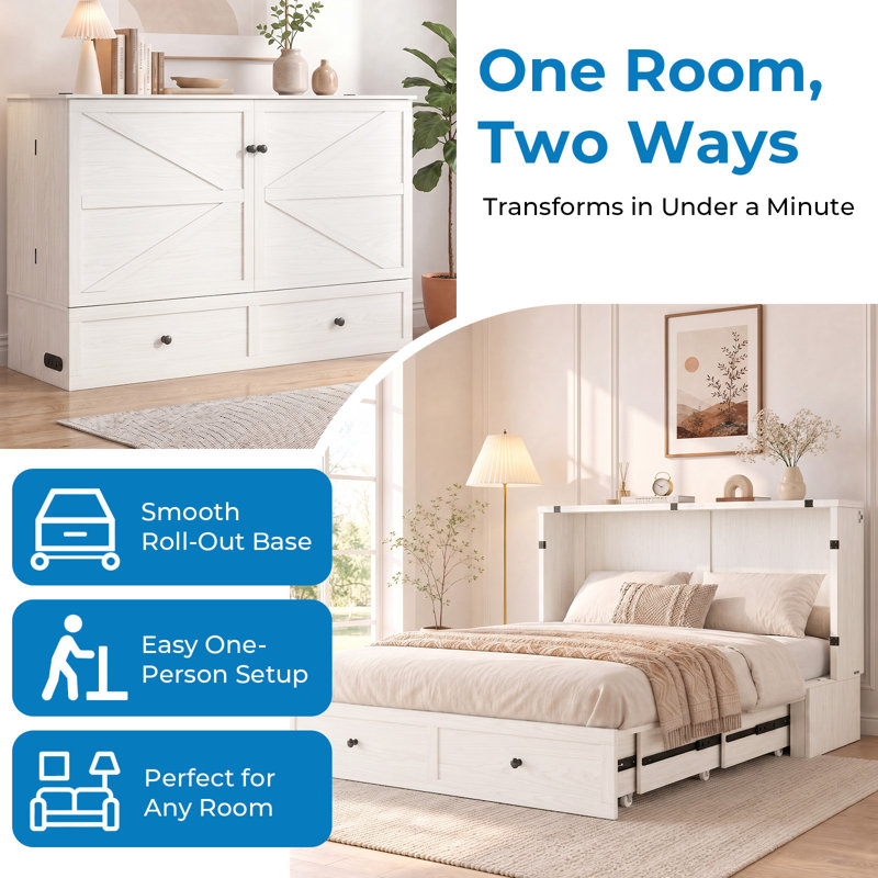 Lit escamotable 2 en 1, format double et grand lit avec station de recharge, Grand lit
