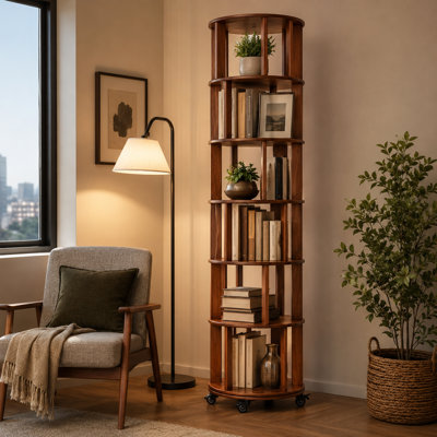 Tour de bibliothèque rotative en bois massif à 6 niveaux avec roulettes