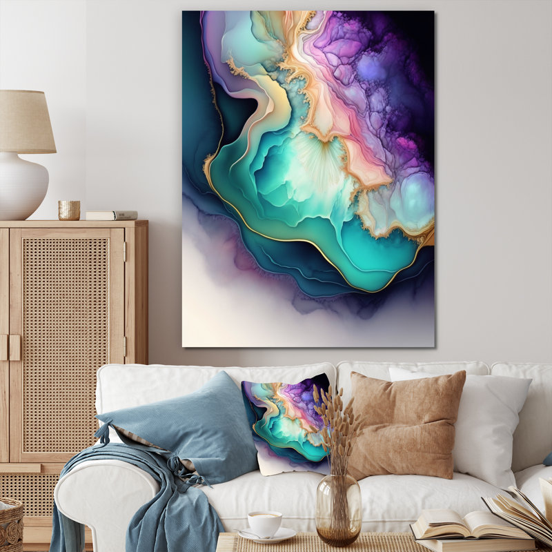 Bleu et mauve abstrait Geode II - art mural abstrait en marbre, H 40 po x l 30 po x P 1,5 po, Toile tendue