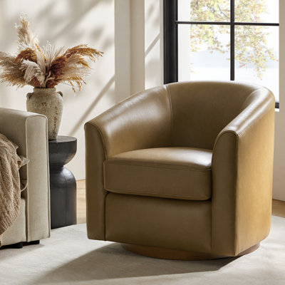 Fauteuil demi-tonneau pivotant en cuir véritable de 30,5 po de largeur avec base en bois massif Amiir