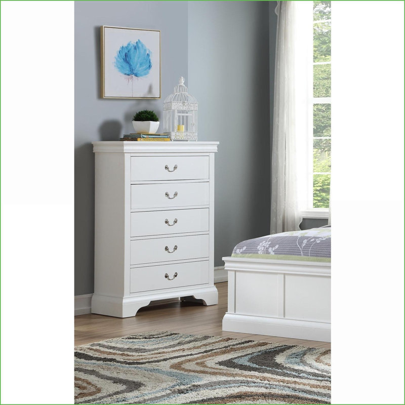Commodes à 5 tiroirs, commode blanche moderne en contreplaqué | Blanc | Accents de pin massif