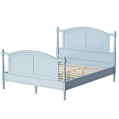Cadre de lit plateforme traditionnel en bois, grand lit en bois de style campagnard avec tête et pied de lit arqués, cadre de lit à panneau de style chalet avec poteaux et support à lattes, aucun sommier nécessaire, bleu clair