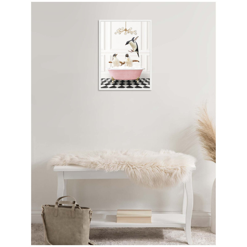 «Penguins in Pink Bathaign on Checker Floor» par Amy Peterson, reproduction d'art sur toile encadrée