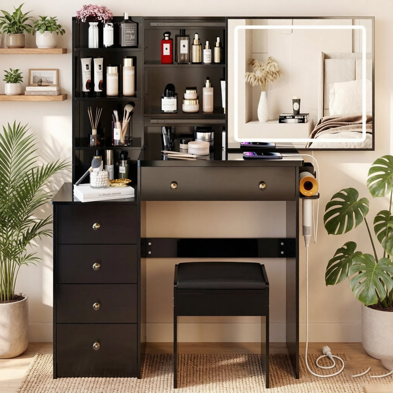 Ensemble de meuble-lavabo de 37 po de taille moyenne avec commode gauche + commode tabouret, 2 prises CA + 2 prises USB, support pour séchoir à cheveux, grand miroir à DEL tactile, interrupteur 3 couleurs, EPA, GCC, certificat UL
