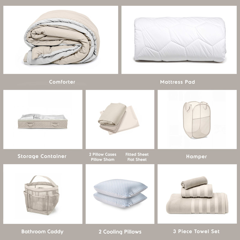 Back to College Kit, Twin xl Bed in a Bag With College Essentials & Cooling Pillows, Linen