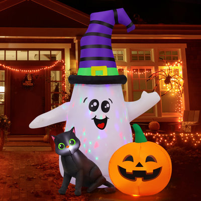 Halloween Inflatables 5 FT Inflatable Ghost with Pumpkin Black Cat Cute Blow Up Ghost with LED Lights