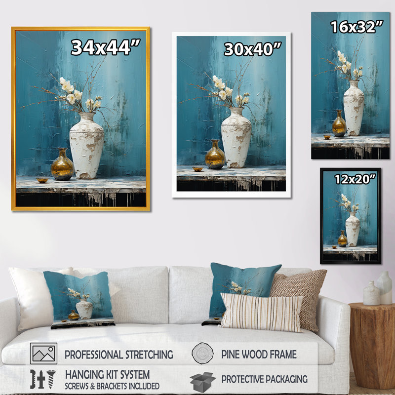 Vase de poterie bleu et blanc Boho, H 44 po x l 34 po x P 1,5 po, Cadre flottant brun
