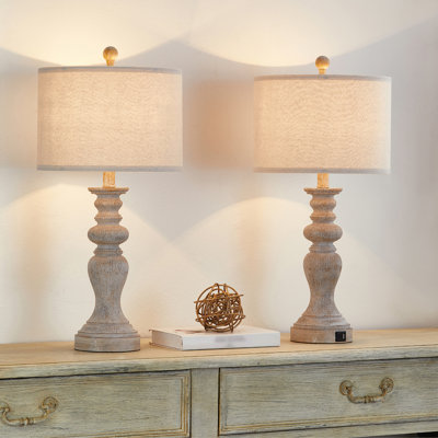 Charlottesville 25.25'' Distressed Beige Resin Table Lamp Set with USB Ports