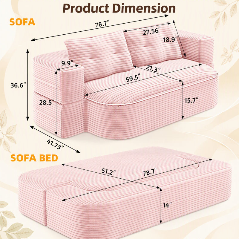 Canapé-lit pliable 78,7 po 2-en-1 avec couverture et 2 coussins, velours côtelé moelleux, Velours bébé rose
