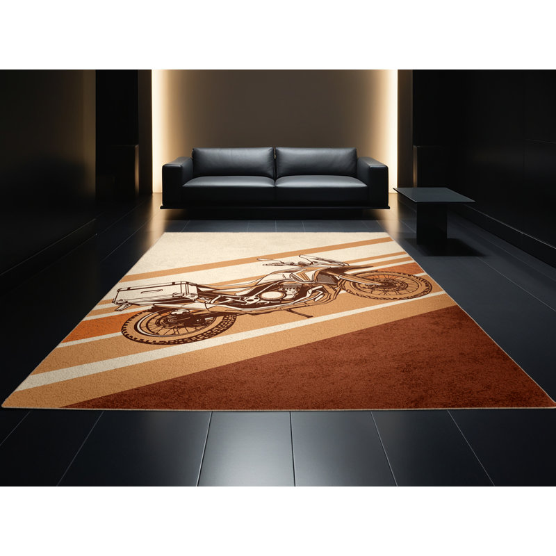 Machine Washable Kendari Adventure Bike Modern Rustic Rug in Beige – Beige Binding, 2x4
