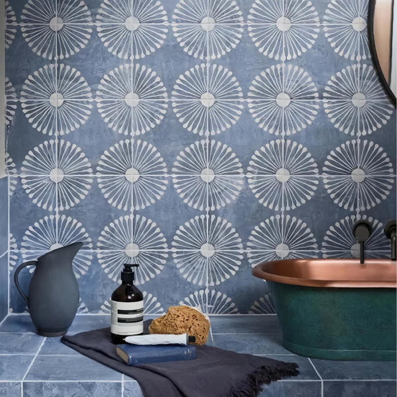 Amanecer 8" x 8" Azul Satin Porcelain Patterned Floor and Wall Tile, Blue