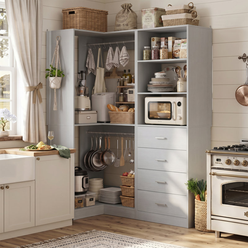 Armoire de rangement d'angle pour garde-manger de coin avec 4 tiroirs, tablettes ouvertes et tringles de suspension, système d'organisation de nourriture modulaire 2 pièces