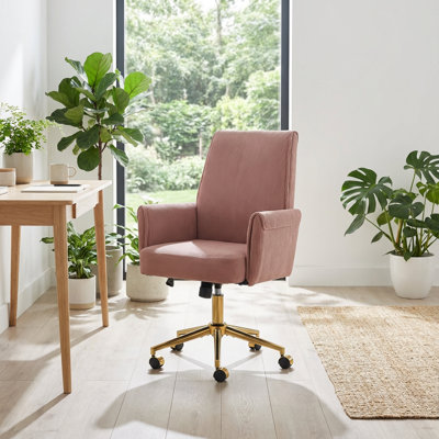 Chaise de bureau ergonomique à dossier moyen avec revêtement en velours côtelé et base dorée pour un confort accru