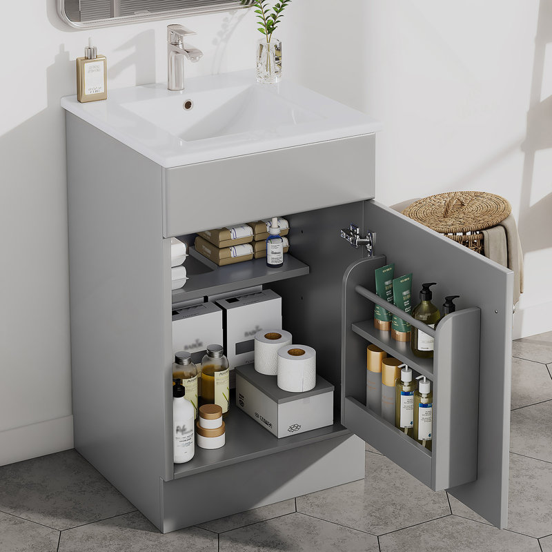 Meuble-lavabo de salle de bain avec lavabo, armoire de rangement avec tablette réglable, Gris