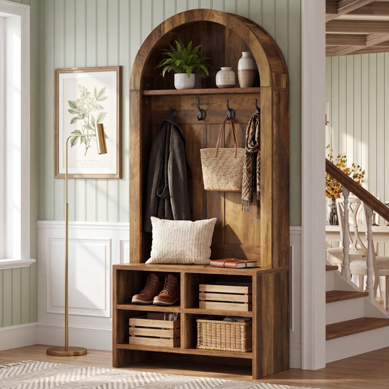 Portemanteau de 31,5 po de largeur avec banc et rangement pour chaussures, porte-manteau d'entrée 4 en 1 pour vestibule, vestibule, 4 crochets et casiers réglables