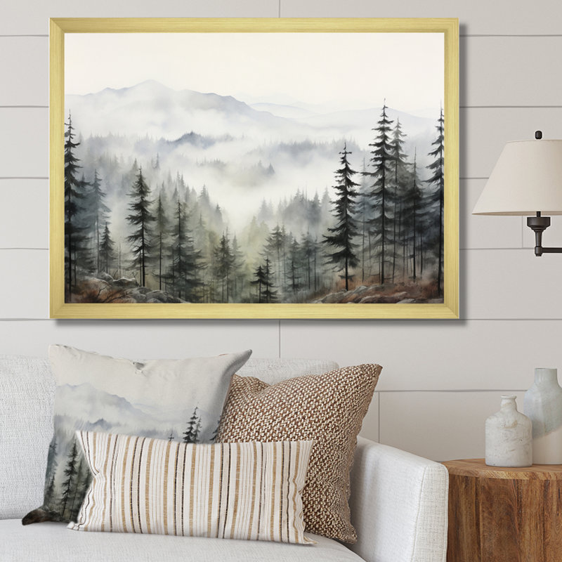«Pine Misty Mountain II» sur toile, Cadre photo unique, H 30 po x l 40 po, Or