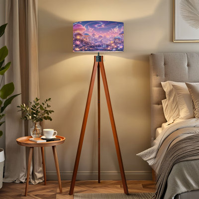 Lampe sur pied à trépied, champignon fantaisiste, champignon lumineux, mauve, bleu, mauve, lampe de plancher à DEL avec pieds en bois de hêtre et abat-jour en lin amovible pour le salon et la chambre à coucher