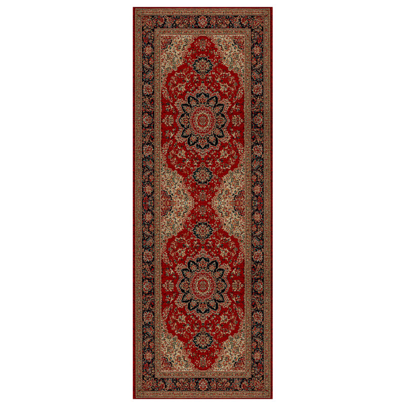 Guria Red/Brown Oriental Vintage Look Machine Printed Cotton Chenille Area Rug, Runner 5'3" x 11'6"