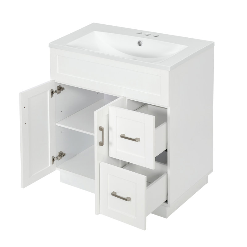 Meuble-lavabo de 30 pouces avec 2 portes, 2 tiroirs, tablette réglable, glissières cachées pour les tiroirs et charnières pour portes