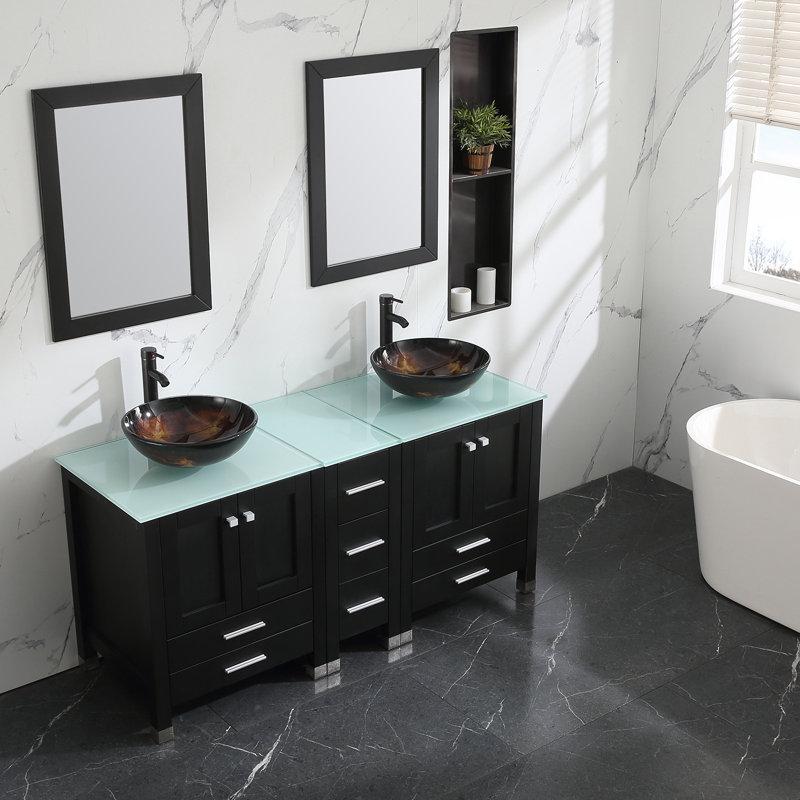 Ensemble de meuble-lavabo double 61,5 "avec miroir, Noir, Brun; ambre