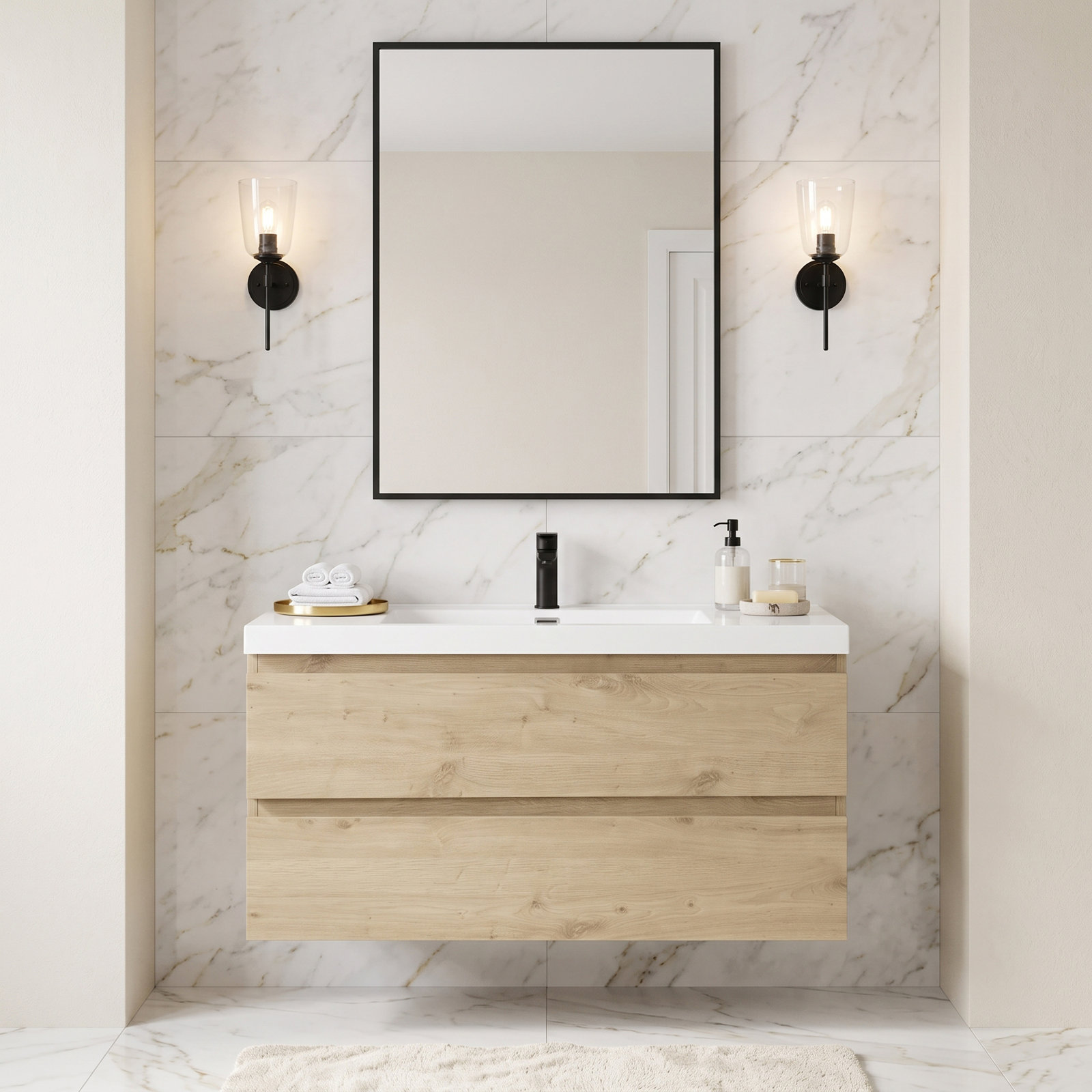 Wall Mounted Single Bathroom Vanity With White Integrated Resin Top, Yellow, xxx