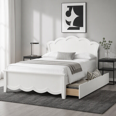 Full Size Wood Platform Bed with Headboard and Two Drawers, White