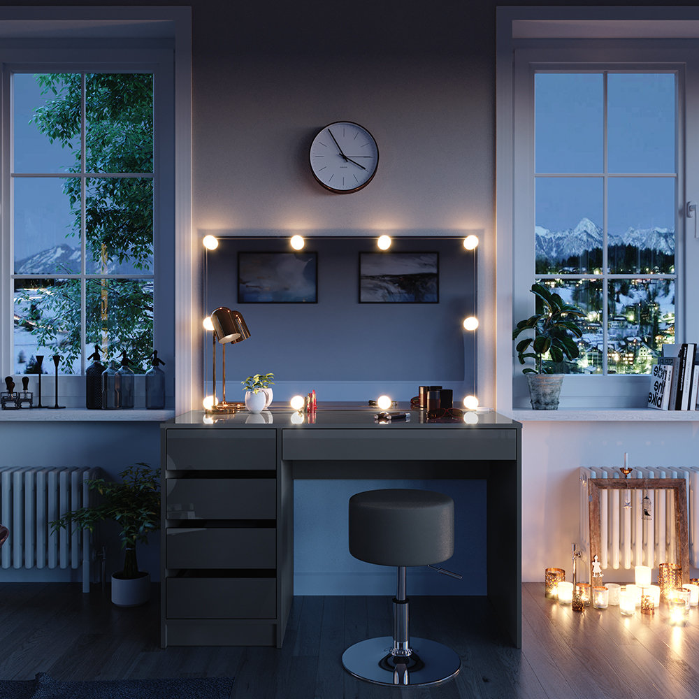 Schminktisch Boycie Grau + Hocker + LED + Spiegel