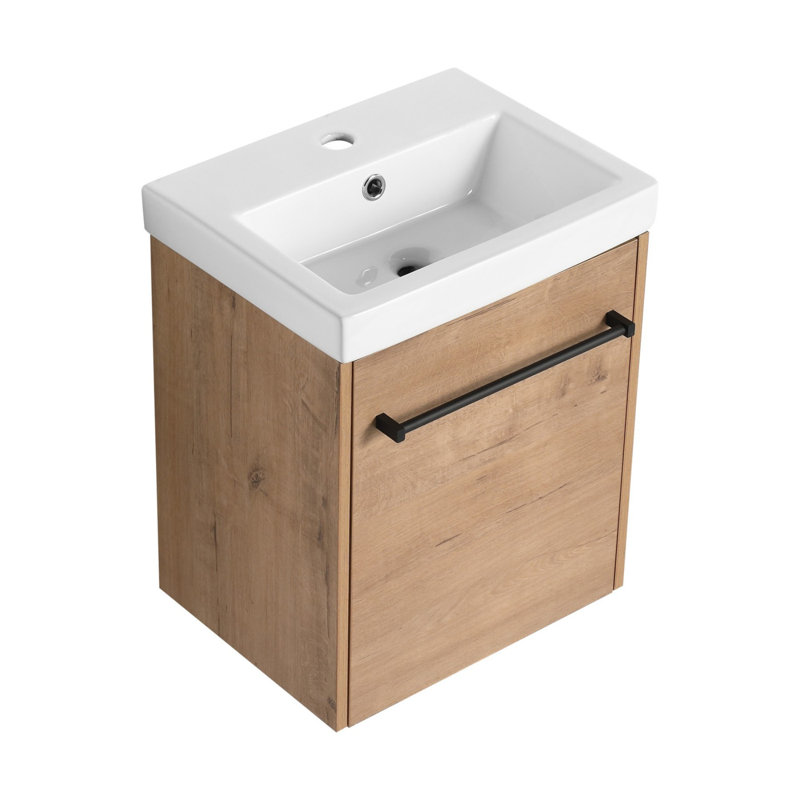 Meuble-lavabo flottant mural avec lavabo en céramique, Brun