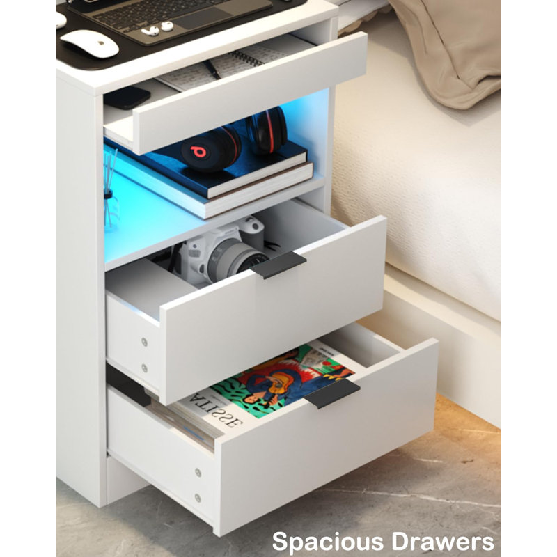 Nightstand With Charging Station, Bedside Table With 3 Drawers And LED Lights, End Table Sofa Couch Side Table With Pull-Out Shelf