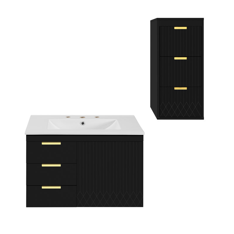 30" Wall-Mounted Bathroom Vanity with Storage Cabinet, Black