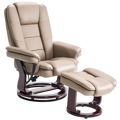 32" Contemporary Leather Recliner and Ottoman with Swiveling Mahogany Wood Base