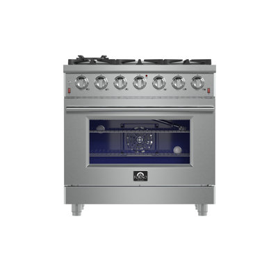 Cuisinière au gaz 36 pouces en acier inoxydable Massimo, 6 brûleurs, 83 000 BTU, 5,36 cu. pi., friteuse à air, plaque chauffante