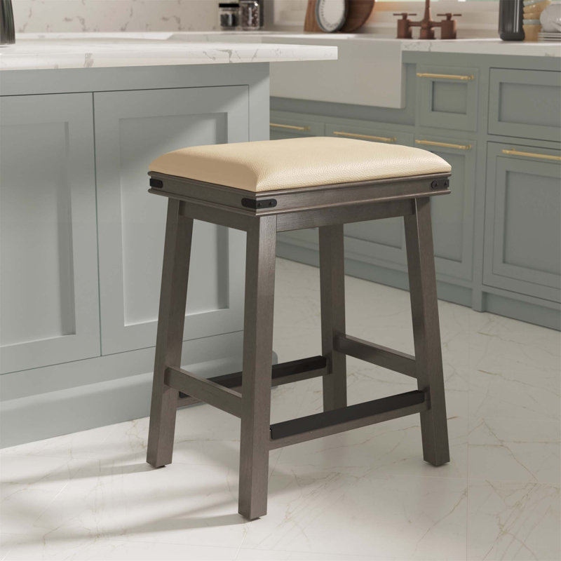 Tabouret de comptoir, siège en cuir, Gris français, Gris patiné